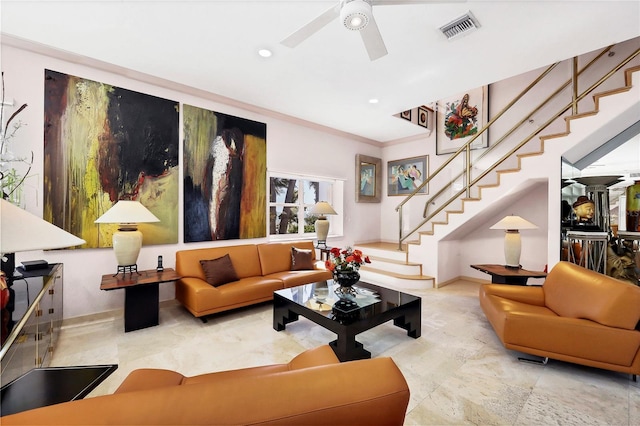 8500 Manasota Key Rd, Englewood, FL 34223 - living area with stairway, a ceiling fan, baseboards, recessed lighting, and ornamental molding