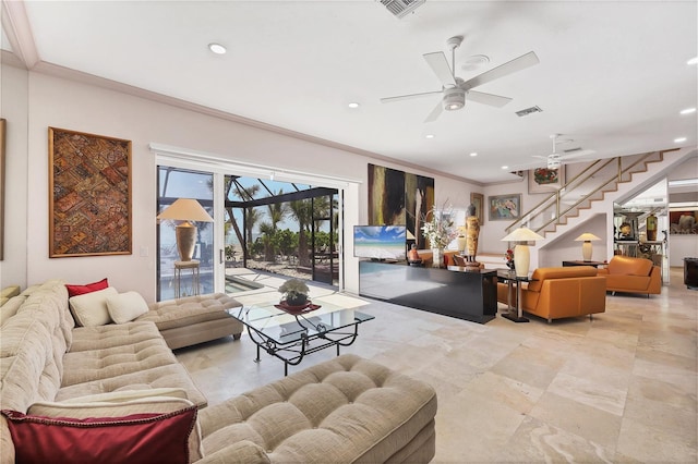8500 Manasota Key Rd, Englewood, FL 34223 - living room featuring stairs, a ceiling fan, recessed lighting, and crown molding