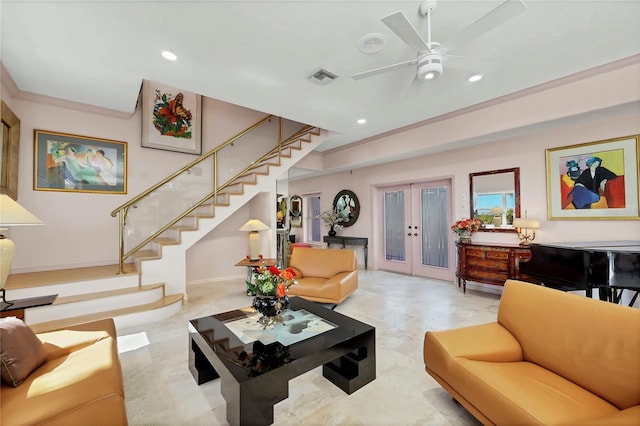 8500 Manasota Key Rd, Englewood, FL 34223 - living area with stairs, recessed lighting, french doors, ceiling fan, and baseboards