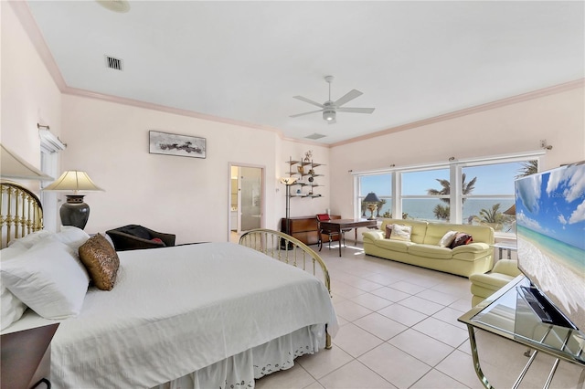 8500 Manasota Key Rd, Englewood, FL 34223 - bedroom with light tile patterned floors, crown molding, a ceiling fan, and connected bathroom