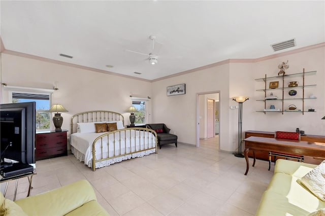 8500 Manasota Key Rd, Englewood, FL 34223 - bedroom featuring light tile patterned floors, crown molding, baseboards, and a ceiling fan