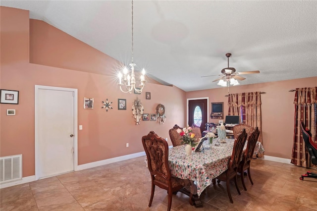 5510 Moongate Rd, Spring Hill, FL 34606 - dining area with a ceiling fan, lofted ceiling, a chandelier, and baseboards