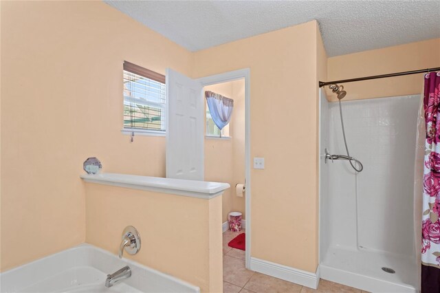 5510 Moongate Rd, Spring Hill, FL 34606 - full bath with curtained shower, a garden tub, tile patterned flooring, and a textured ceiling