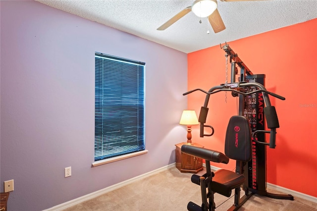 5510 Moongate Rd, Spring Hill, FL 34606 - exercise room with ceiling fan, carpet flooring, baseboards, and a textured ceiling