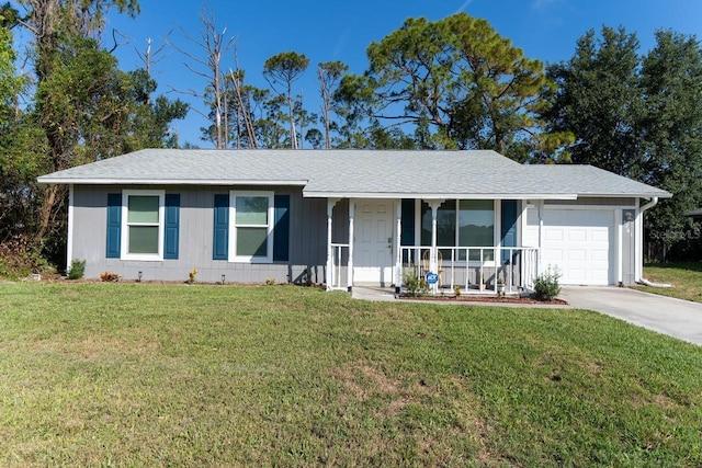 3261 Rogue St, North Port, FL 34291 - ranch-style home featuring a garage, a front yard, concrete driveway, and a porch
