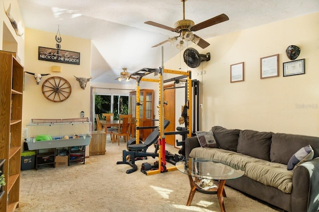 3261 Rogue St, North Port, FL 34291 - living area with a ceiling fan, carpet flooring, and vaulted ceiling