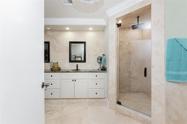 209 Fairway Rd, Rotonda West, FL 33947 - full bathroom with ornamental molding, a stall shower, and vanity