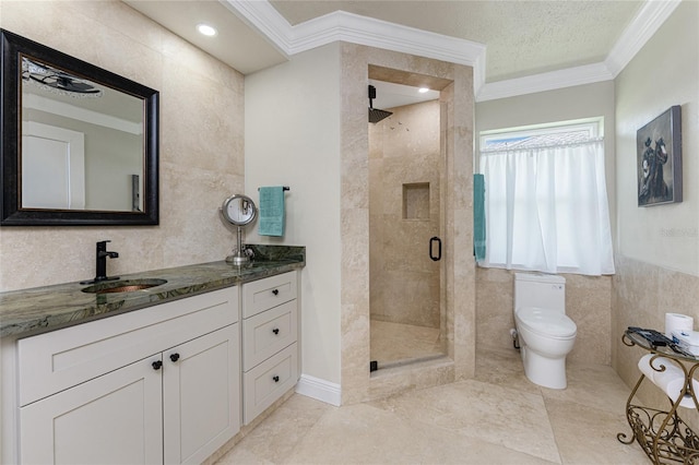 209 Fairway Rd, Rotonda West, FL 33947 - full bathroom featuring crown molding, tile walls, a stall shower, vanity, and toilet