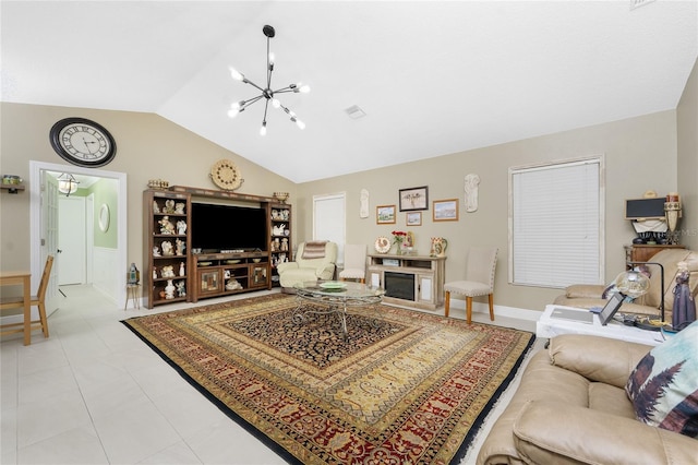 209 Fairway Rd, Rotonda West, FL 33947 - living room featuring lofted ceiling, a chandelier, a wainscoted wall, and light tile patterned floors