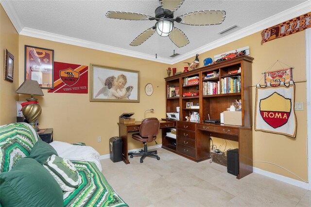 209 Fairway Rd, Rotonda West, FL 33947 - home office with crown molding, a ceiling fan, baseboards, and a textured ceiling