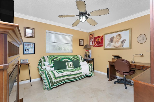 209 Fairway Rd, Rotonda West, FL 33947 - office area featuring ornamental molding, ceiling fan, baseboards, and a textured ceiling