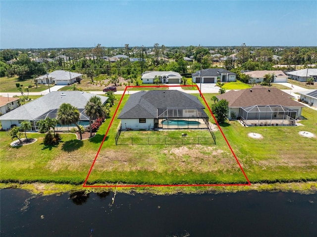 209 Fairway Rd, Rotonda West, FL 33947 - aerial perspective of suburban area featuring property boundaries highlighted, a nearby body of water, and a pool area