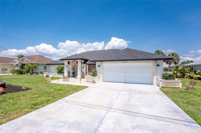 209 Fairway Rd, Rotonda West, FL 33947 - ranch-style home featuring an attached garage, a front yard, driveway, and a shingled roof