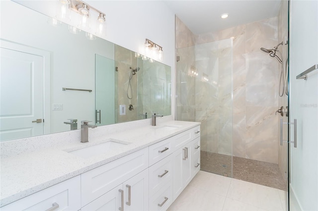 398 Sunset Rd N, Rotonda West, FL 33947 - full bathroom with a stall shower, double vanity, tile patterned flooring, and recessed lighting