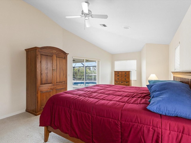 2295 Chilcote Ter, Port Charlotte, FL 33981 - carpeted bedroom with access to outside, vaulted ceiling, baseboards, and ceiling fan