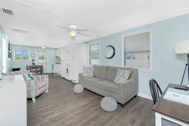 859 E 2nd St, Englewood, FL 34223 - living room with ceiling fan, dark wood-type flooring, plenty of natural light, baseboards, and a textured ceiling