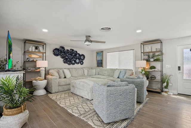 7530 Whitcomb St, Englewood, FL 34223 - living room with wood finished floors, a ceiling fan, recessed lighting, and baseboards