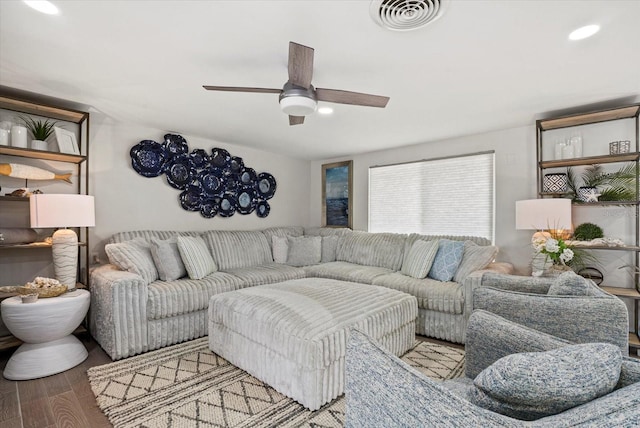 7530 Whitcomb St, Englewood, FL 34223 - living room featuring wood finished floors, a ceiling fan, and recessed lighting