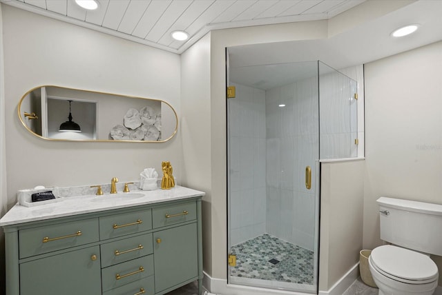 7530 Whitcomb St, Englewood, FL 34223 - full bath featuring a shower stall, vanity, toilet, recessed lighting, and wood ceiling