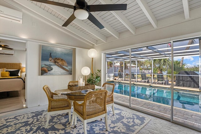 7530 Whitcomb St, Englewood, FL 34223 - dining area with ceiling fan, an AC wall unit, wooden ceiling, and a sunroom