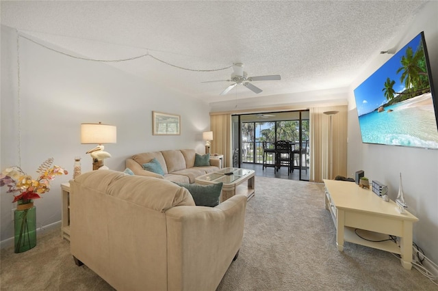 1501 Beach Rd Unit 310, Englewood, FL 34223 - carpeted living area with a ceiling fan, a textured ceiling, and baseboards