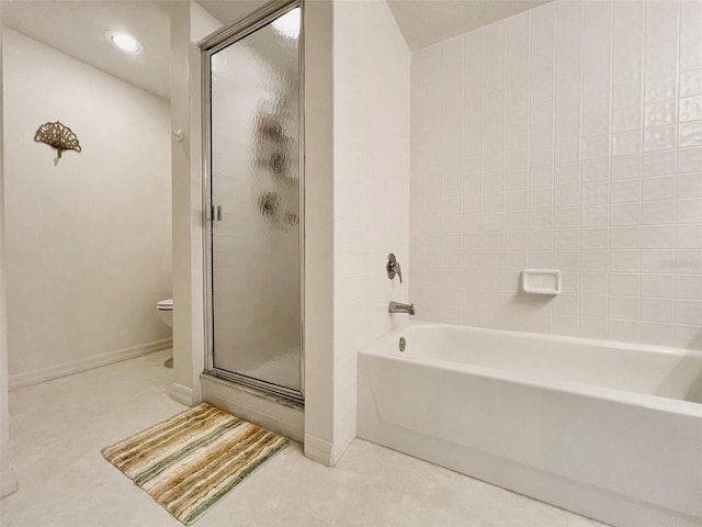 2380 N Beach Rd Unit 210, Englewood, FL 34223 - bathroom with an enclosed shower, toilet, a bath, and baseboards
