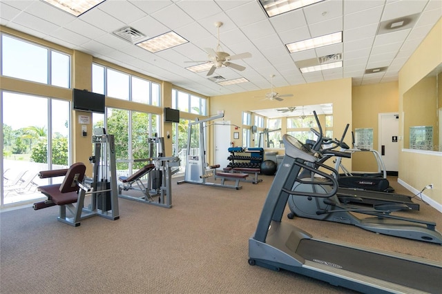 8405 Placida Rd Unit 406, Placida, FL 33946 - workout area featuring healthy amount of natural light, a drop ceiling, carpet floors, ceiling fan, and a towering ceiling