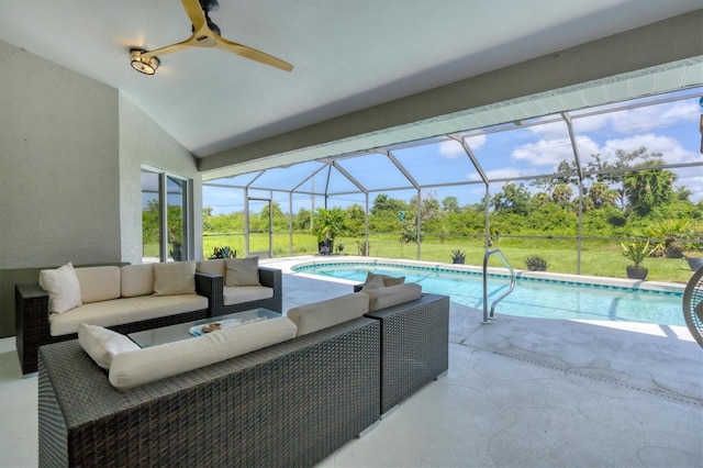 423 Boundary Blvd, Rotonda West, FL 33947 - swimming pool featuring an outdoor hangout area, a patio area, a ceiling fan, a lanai, and a lawn