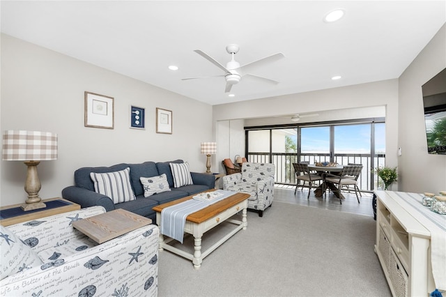 1591 Beach Rd Unit 402, Englewood, FL 34223 - carpeted living room with ceiling fan and recessed lighting