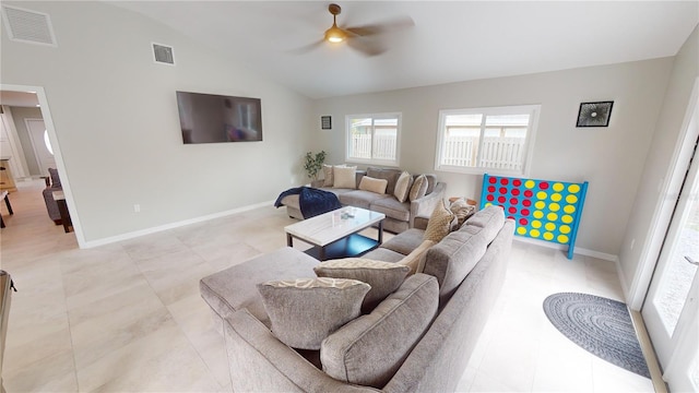 608 Saint Judes Dr, Longboat Key, FL 34228 - living area featuring ceiling fan, lofted ceiling, and baseboards
