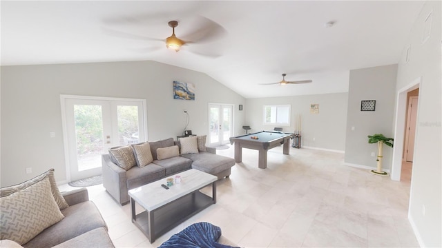 608 Saint Judes Dr, Longboat Key, FL 34228 - living area with ceiling fan, billiards table, healthy amount of natural light, vaulted ceiling, and french doors