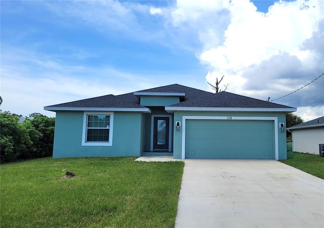 134 Swan Dr, Rotonda West, FL 33947 - single story home with stucco siding, concrete driveway, a front lawn, a garage, and a shingled roof