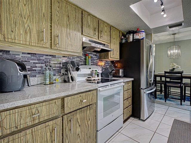 21519 Fairway Ave, Port Charlotte, FL 33952 - kitchen with white electric stove, under cabinet range hood, light countertops, decorative backsplash, and a chandelier