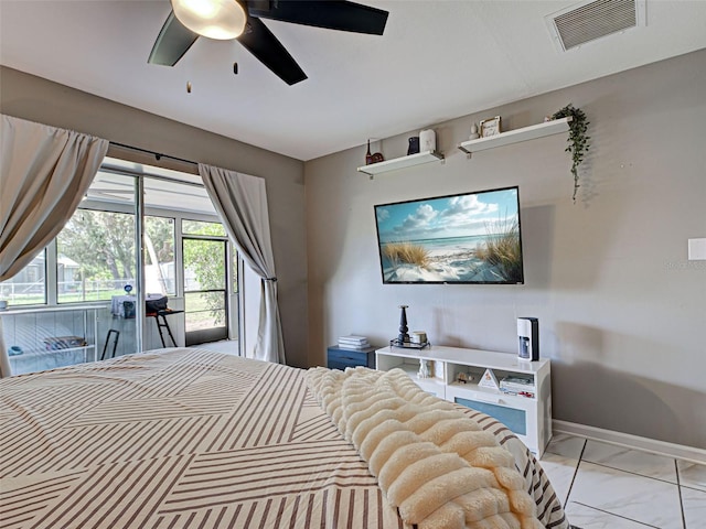 21519 Fairway Ave, Port Charlotte, FL 33952 - bedroom with light marble finish floors, baseboards, ceiling fan, and access to outside