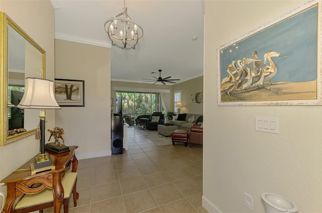 13051 Creekside Ln, Port Charlotte, FL 33953 - hallway featuring crown molding, tile patterned floors, and a chandelier