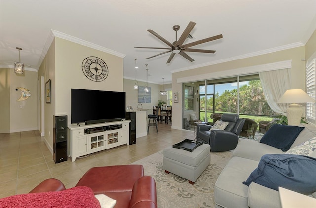 13051 Creekside Ln, Port Charlotte, FL 33953 - living room with ornamental molding, a ceiling fan, and light tile patterned floors