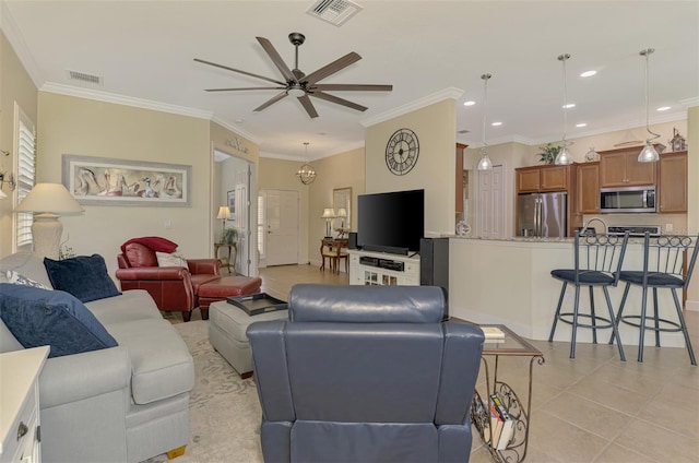 13051 Creekside Ln, Port Charlotte, FL 33953 - living room featuring a ceiling fan, recessed lighting, and crown molding