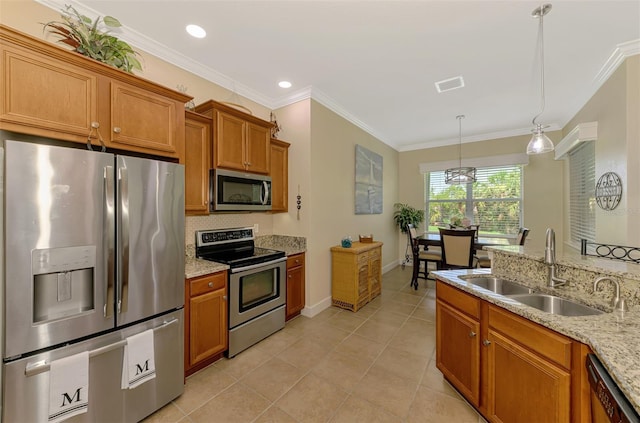 13051 Creekside Ln, Port Charlotte, FL 33953 - kitchen with stainless steel appliances, brown cabinetry, pendant lighting, light tile patterned flooring, and crown molding