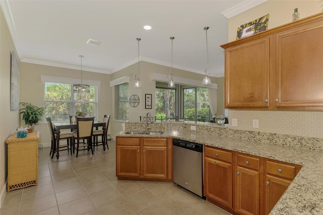 13051 Creekside Ln, Port Charlotte, FL 33953 - kitchen featuring dishwasher, light tile patterned flooring, healthy amount of natural light, backsplash, and crown molding