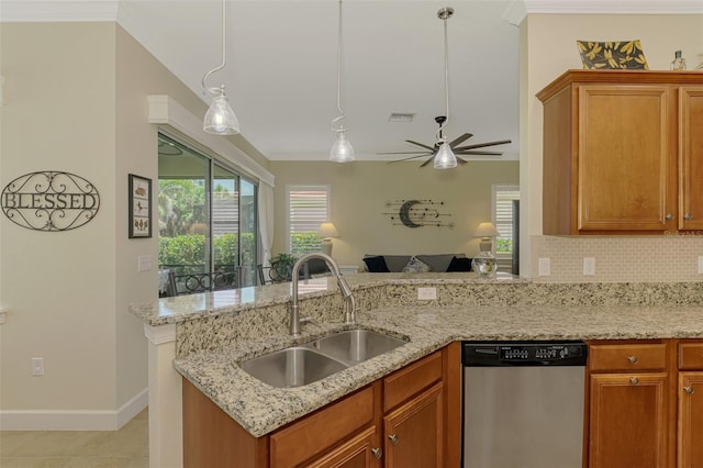 13051 Creekside Ln, Port Charlotte, FL 33953 - kitchen featuring stainless steel dishwasher, a ceiling fan, tasteful backsplash, open floor plan, and light stone countertops