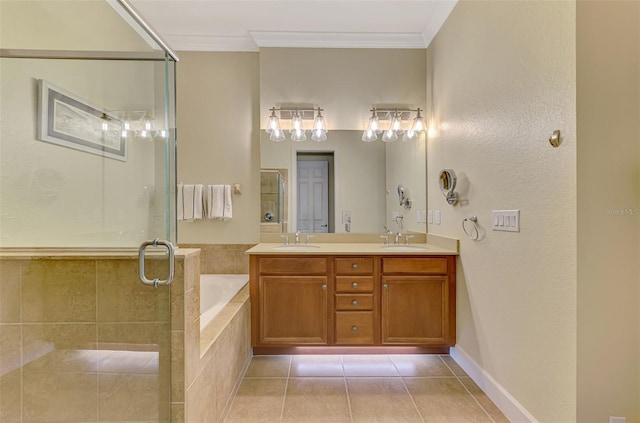 13051 Creekside Ln, Port Charlotte, FL 33953 - full bath featuring a garden tub, ornamental molding, double vanity, tile patterned flooring, and a stall shower