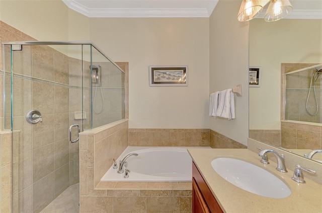 13051 Creekside Ln, Port Charlotte, FL 33953 - bathroom with a bath, vanity, a stall shower, and crown molding