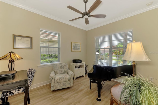 13051 Creekside Ln, Port Charlotte, FL 33953 - living area featuring plenty of natural light, crown molding, light wood finished floors, and ceiling fan