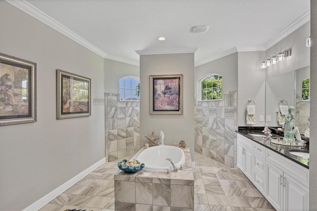 124 Cutlass Dr, Rotonda West, FL 33947 - full bathroom with a bath, double vanity, ornamental molding, and a walk in shower