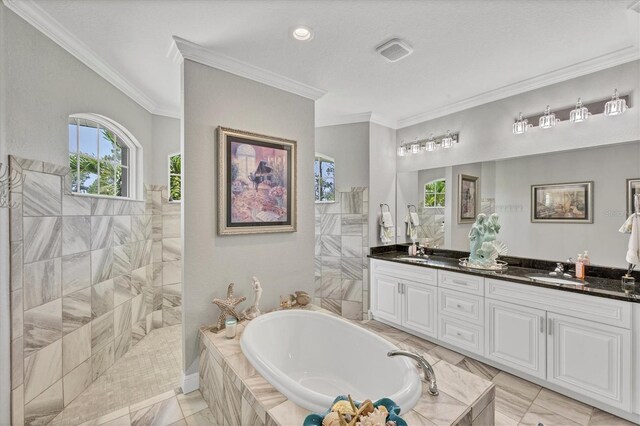 124 Cutlass Dr, Rotonda West, FL 33947 - full bath with a bath, double vanity, crown molding, a walk in shower, and marble finish flooring