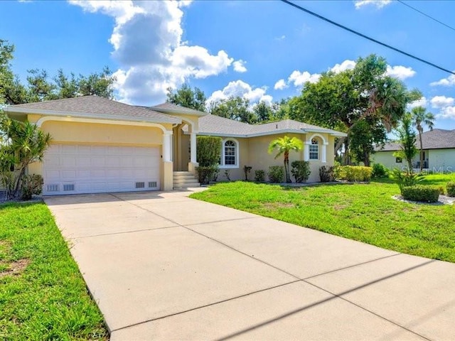 23 Pine Valley Ct, Rotonda West, FL 33947 - ranch-style home with driveway, an attached garage, stucco siding, and a front lawn