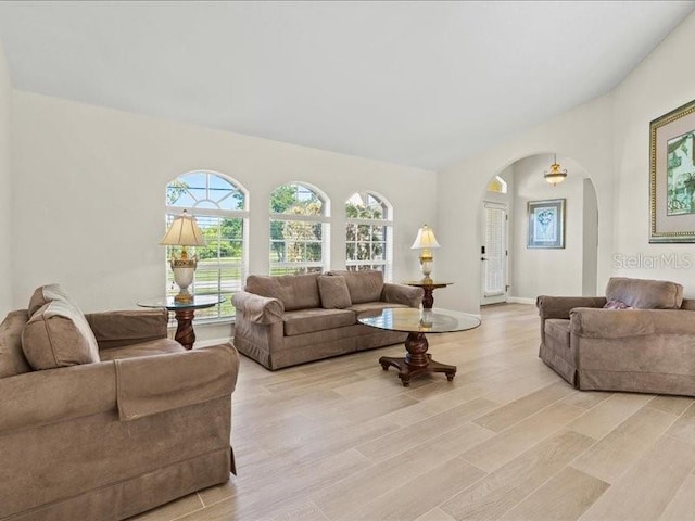 23 Pine Valley Ct, Rotonda West, FL 33947 - living room with arched walkways and light wood finished floors