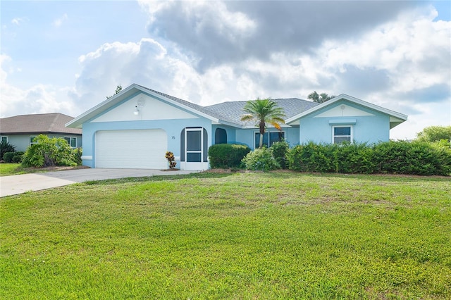 15 Bunker Pl, Rotonda West, FL 33947 - ranch-style house with an attached garage, stucco siding, driveway, and a front yard