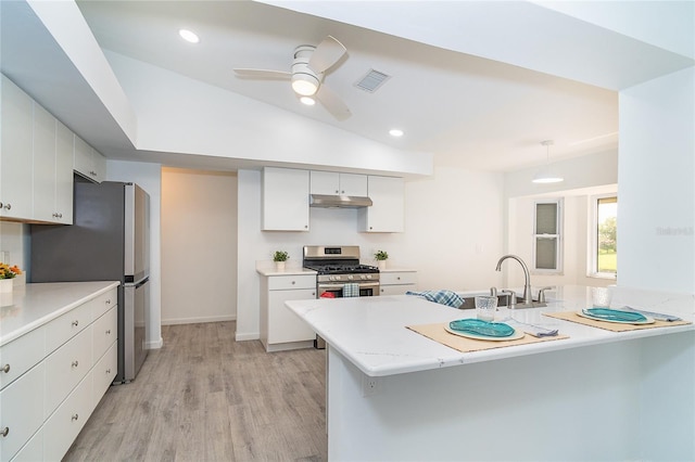 15 Bunker Pl, Rotonda West, FL 33947 - kitchen with stainless steel appliances, under cabinet range hood, white cabinetry, light countertops, and light wood-style floors