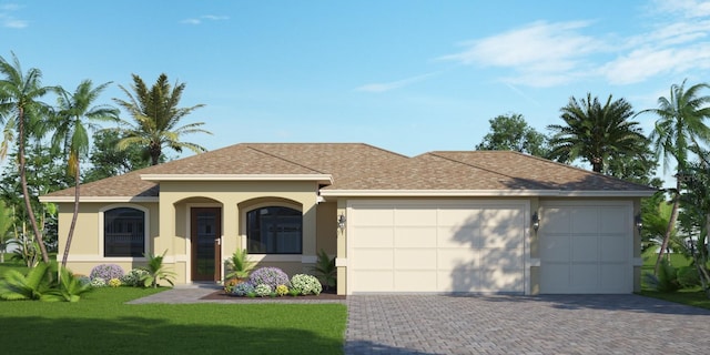 329 Overbrook St, Port Charlotte, FL 33954 - view of front facade with an attached garage, a front lawn, driveway, stucco siding, and a shingled roof